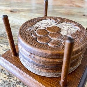 Carved Wood Coasters with Holder - Fruit Designs on each coaster VTG